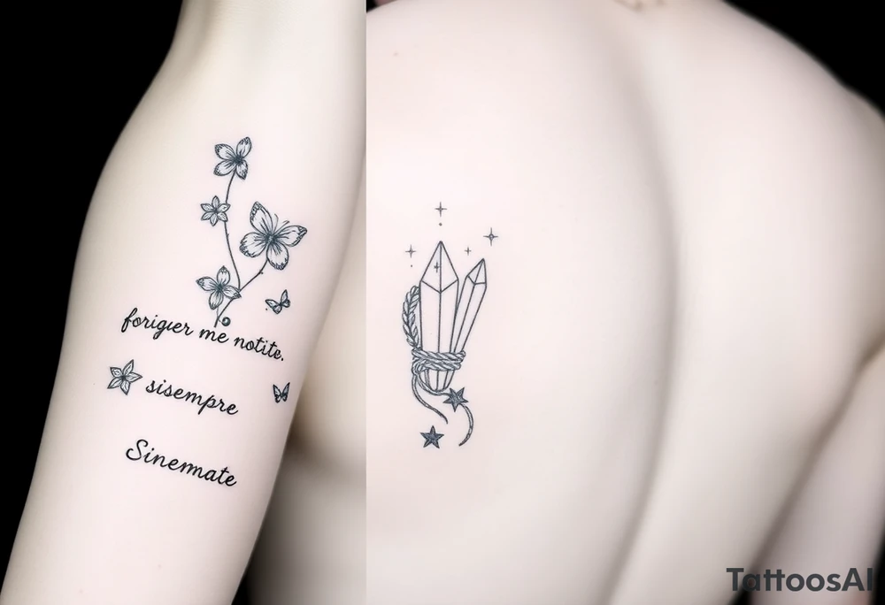 Placement: Forearm half sleeve. Fine line forget-me-not wrapped around the arm, with 3 small butterflies placed around it. The word ‘siempre’ along the inside of the wrist. 444 and a fine line moon and star. On the inner forearm, there are two crystals tied together with rope, with some stars dotted around it and two fine line leaf stems, and a moon above it. All tattoos in black ink. tattoo idea