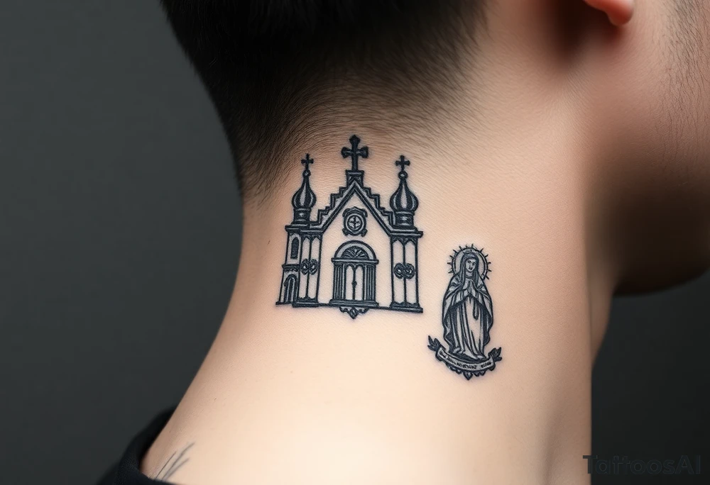 medium traditional russian orthodox church with russian coat arms and virgin mary on the side of your neck tattoo idea