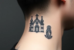medium traditional russian orthodox church with russian coat arms and virgin mary on the side of your neck tattoo idea