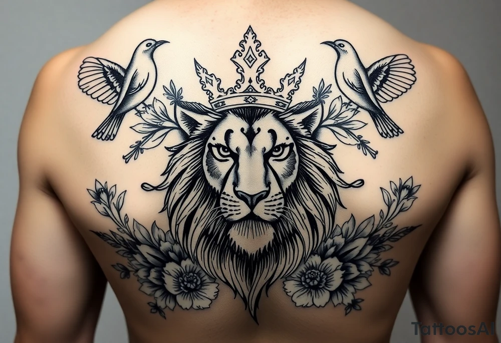 powerful majestic lion with a crown, surrounded by floral ornaments and birds tattoo idea