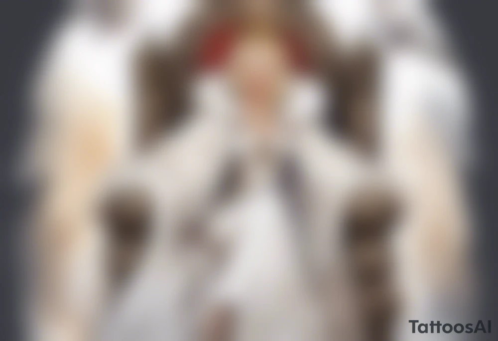 a 40-year-old medieval queen with blonde hair wearing a white fur cloak sitting on a throne with a dove on her shoulder tattoo idea