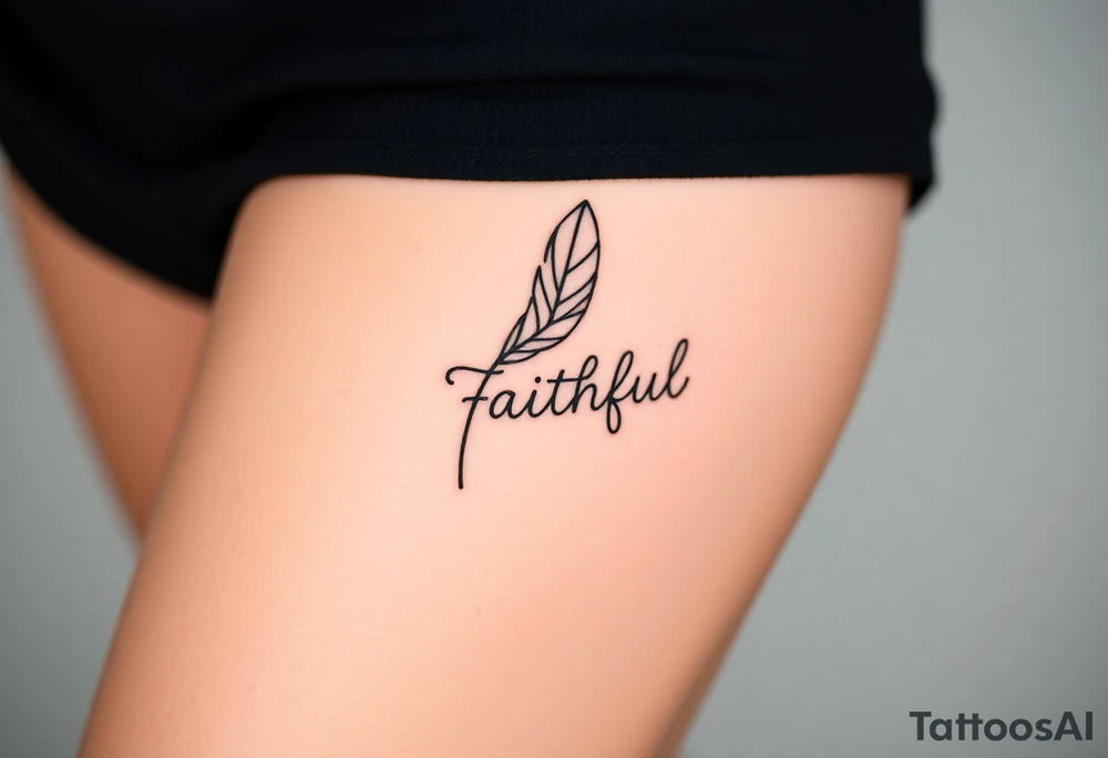 A feather with a fine-line geometric design in black and gold, featuring the word "Faithful", signifying devotion and trust tattoo idea