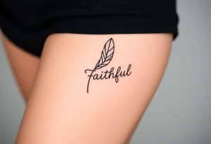 A feather with a fine-line geometric design in black and gold, featuring the word "Faithful", signifying devotion and trust tattoo idea