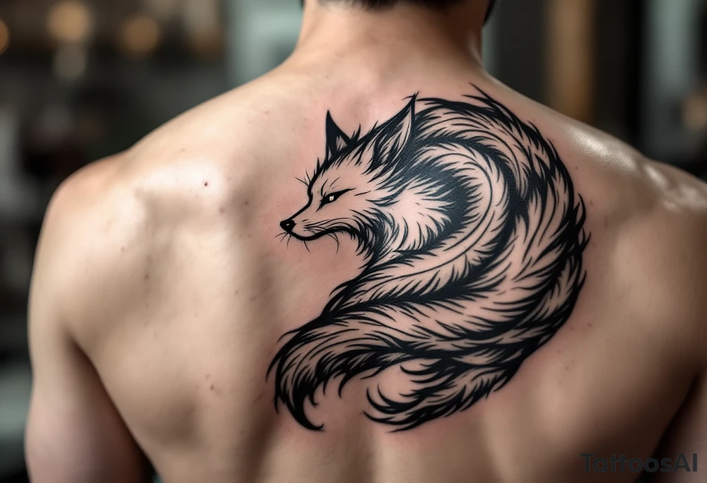 feminine fox of nine tails, the tails are flowy and end looking like flames. The tails wrap around the shoulder body curves and head ending below the armpit tattoo idea