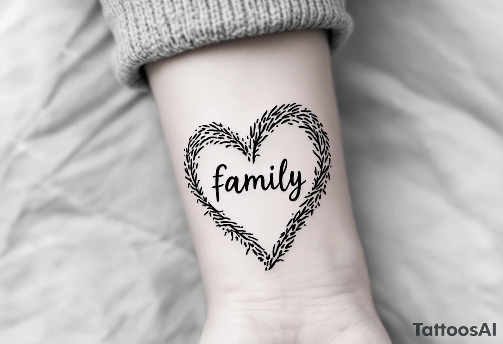 A fingerprint heart in grayscale forming the word family in the center in deep burgundy. tattoo idea