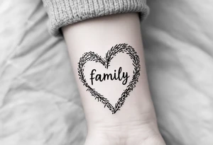 A fingerprint heart in grayscale forming the word family in the center in deep burgundy. tattoo idea