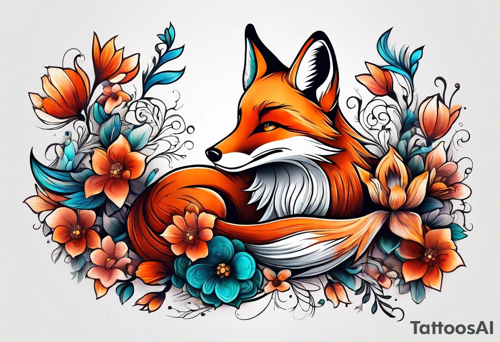 animal fox, flower tattoo idea