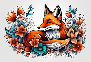 animal fox, flower tattoo idea