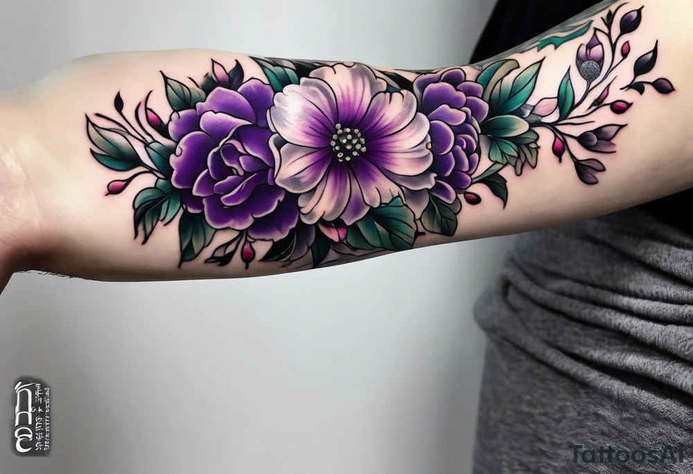 Forearm tattoo with purple flowers to always remember my grandma that passed away. tattoo idea