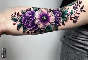 Forearm tattoo with purple flowers to always remember my grandma that passed away. tattoo idea