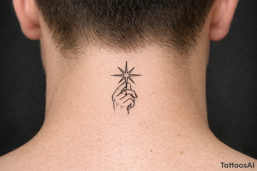 Single needle hand silhouette holding a sharp-lined starburst, geometric. tattoo idea