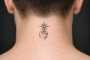 Single needle hand silhouette holding a sharp-lined starburst, geometric. tattoo idea