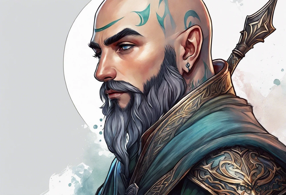 a full-body picture of a human elf, bearded bald male, paladin, on my left forearm tattoo idea