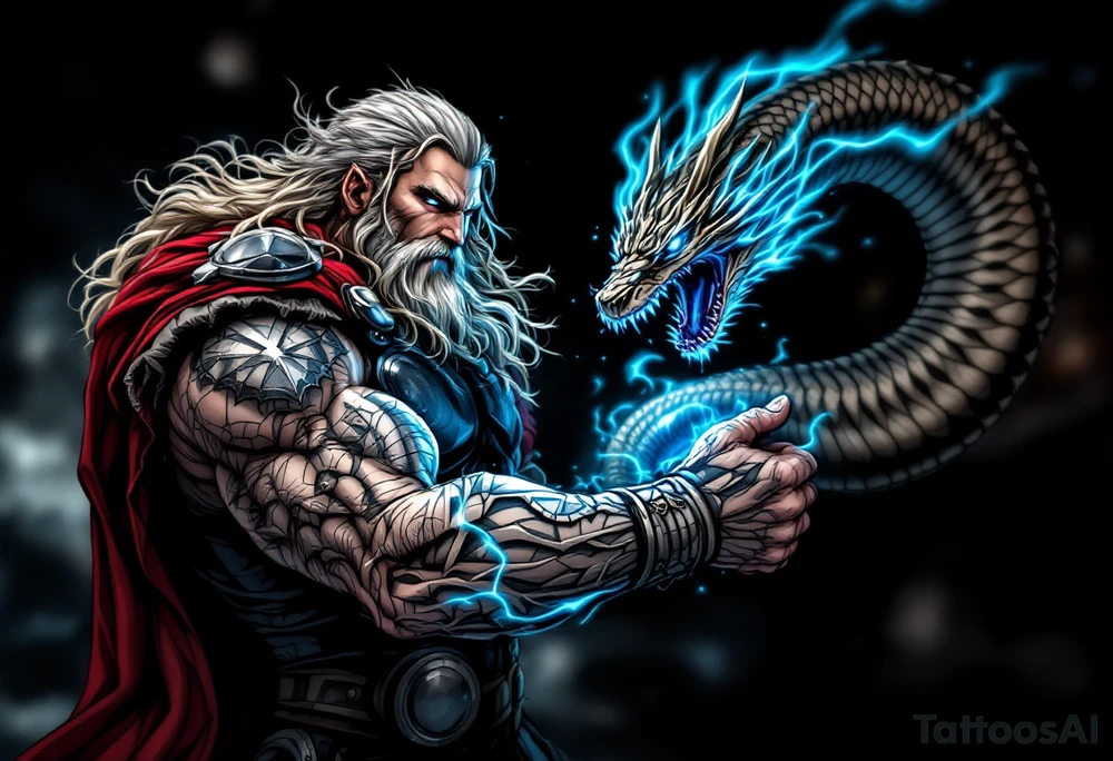 A colossal Thor battling the Midgard Serpent, Jörmungandr, with Mjölnir glowing in his hand, in high-contrast black and grey with electric blue. tattoo idea