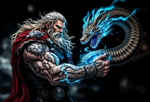 A colossal Thor battling the Midgard Serpent, Jörmungandr, with Mjölnir glowing in his hand, in high-contrast black and grey with electric blue. tattoo idea