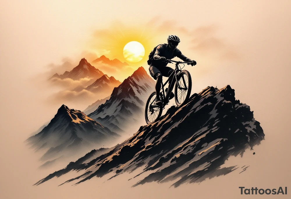 A silhouette of a cyclist riding up a steep mountain, with golden sun rays breaking through the clouds, capturing the essence of perseverance. tattoo idea