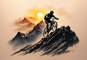 A silhouette of a cyclist riding up a steep mountain, with golden sun rays breaking through the clouds, capturing the essence of perseverance. tattoo idea