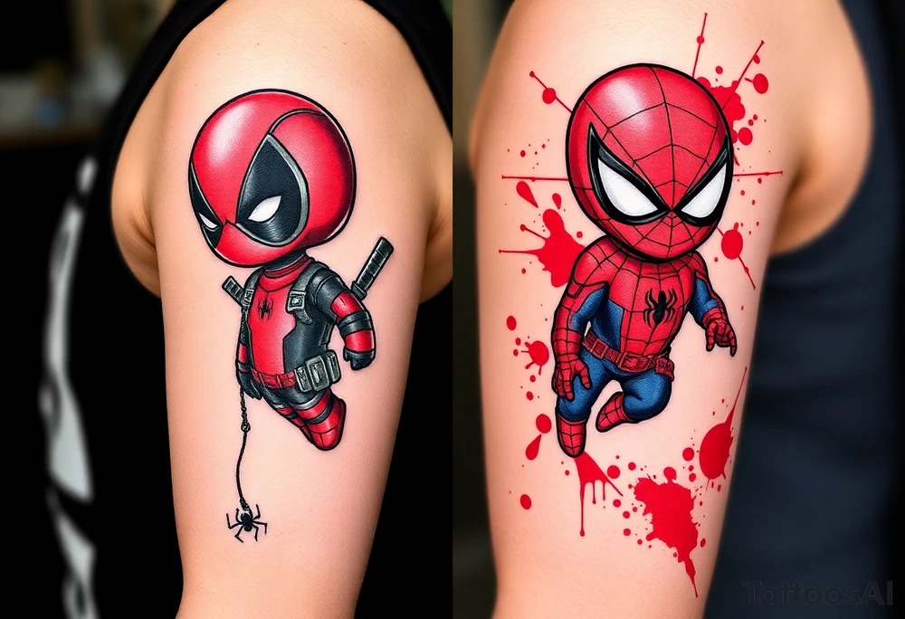Project: Upper Arm Half-Sleeve Tattoo (Chibi Marvel Duo)
Placement: Upper Arm (Shoulder cap down to just above the elbow)
Reference Images: Chibi Deadpool (Image 1) and Chibi Spider-Man (Image 2)
Design Request & Layout:
* Please stack the characters dynamically to fit my upper arm. I'd like Deadpool positioned near the top/shoulder cap, and Spider-Man sitting near the bottom/above the elbow.
* Use the dangling spider and its web thread, along with loose, energetic construction lines, to transition between the two characters and wrap the design around the arm.
Art & Color Style:
* Linework: Please harmonize both characters into a singular, unified style—blending Deadpool's clean comic ink lines with Spider-Man's raw, cross-hatched sketchbook aesthetic.
* Color: The base of the tattoo should be gritty black-and-grey sketch shading. However, I want vibrant pops of red on their suits.
* The Splatter Effect: Instead of keeping the red cleanly inside the lines, please style the red color as a loose, dynamic watercolor/ink splatter effect that bursts out past their outlines and fades into the negative skin space. tattoo idea