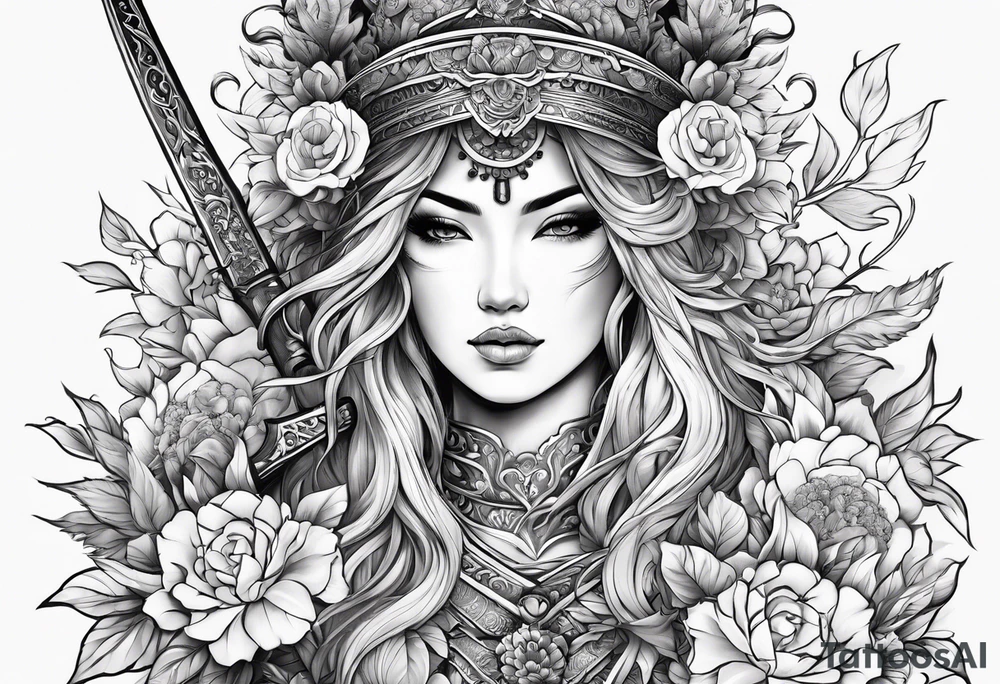 ornate beautiful woman warrior with weapon & floral surrounding tattoo from head to torso tattoo idea