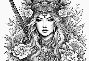 ornate beautiful woman warrior with weapon & floral surrounding tattoo from head to torso tattoo idea