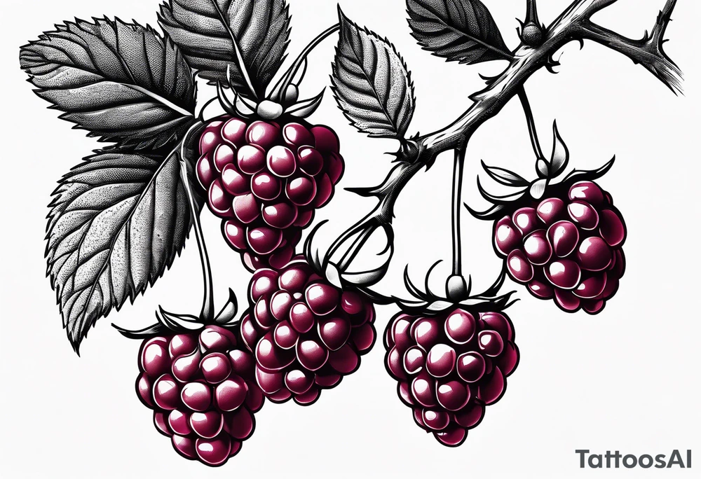 a single raspberry branch that is hanging upside down with small raspberries on it tattoo idea