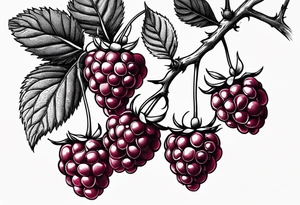 a single raspberry branch that is hanging upside down with small raspberries on it tattoo idea