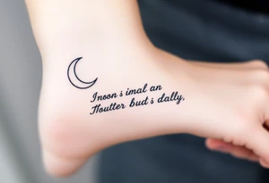 Small black and white tattoo waxing crescent moon with small Daisy birth flower and tiny Leo gliph tattoo idea