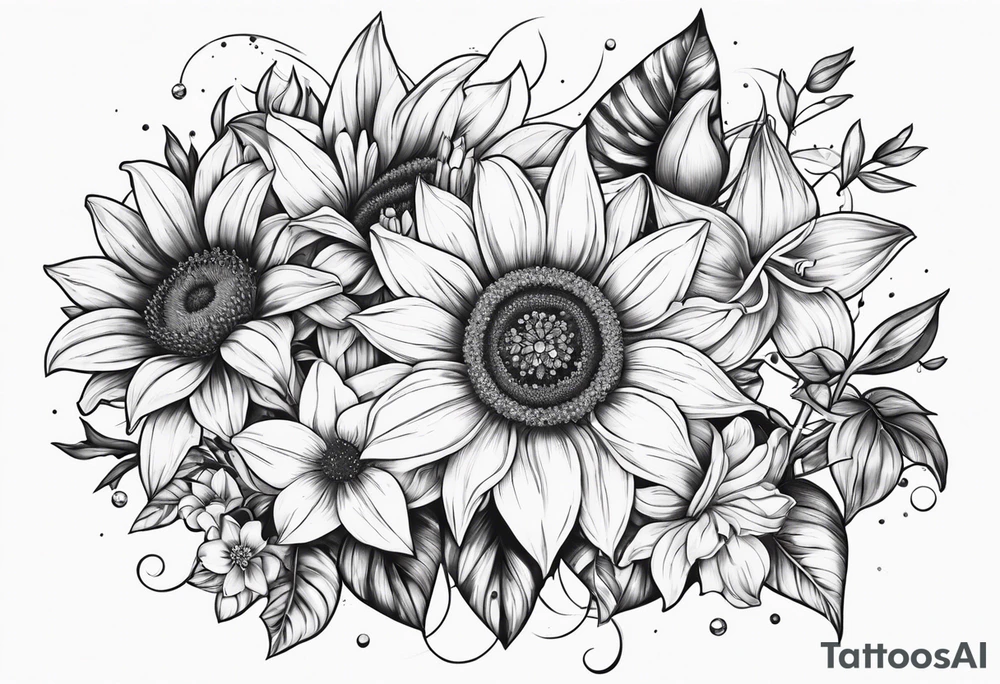 Small cluster containing diamonds sunflowers and lilies tattoo idea