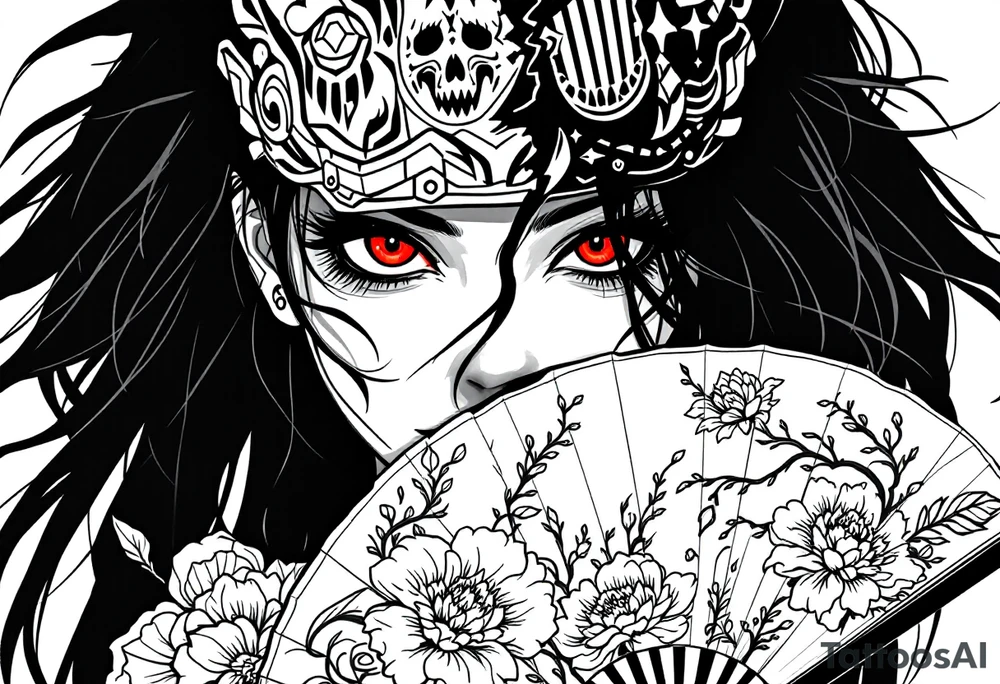 Woman samurai with red eyes wearing an half and broken kitsune mask, holding a japanese fan with Belamcada flowers tattoo idea