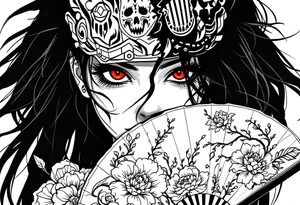 Woman samurai with red eyes wearing an half and broken kitsune mask, holding a japanese fan with Belamcada flowers tattoo idea