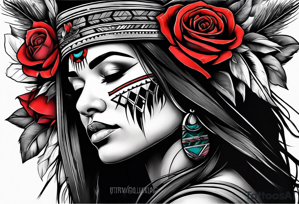 Apache woman with colored roses tattoo idea
