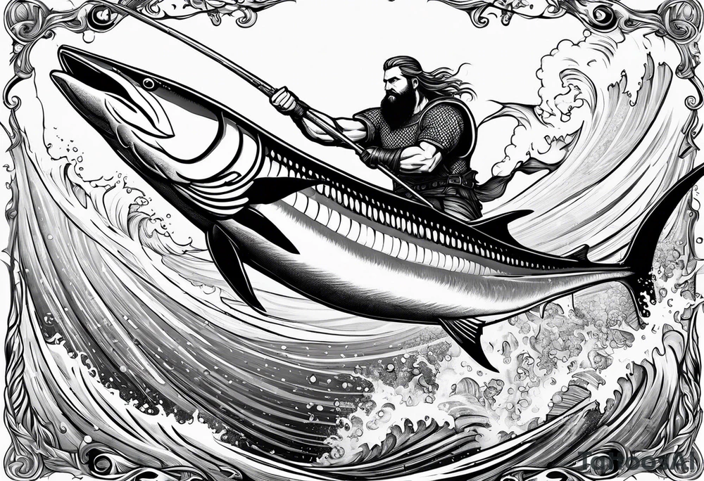 viking superhero catching a blue marlin with tuna jumping tattoo idea