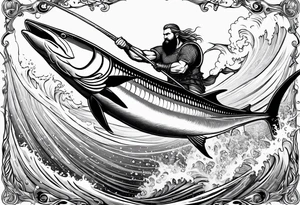 viking superhero catching a blue marlin with tuna jumping tattoo idea