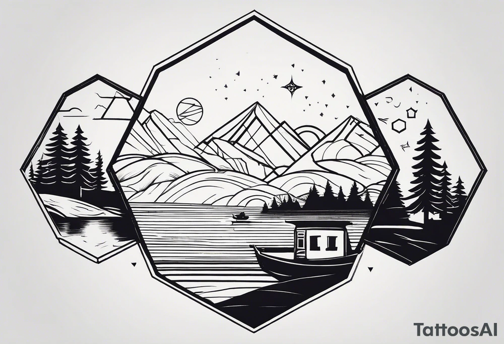 Create a tattoo design for the inside of a man's forearm, extending to part of his shoulder. The design should feature three distinct scenes, each enclosed within a hexagon. These hexagons should be surrounded by lines and small, simple elements inspired by the theme of a Russian village.

The first hexagon should depict a boy sitting on top of a bale of hay in a field, looking into the distance.
The second hexagon should illustrate the exterior of a village club.
The third hexagon should show a small river flowing through a field, with a dam reducing the water flow.
Please ensure the overall composition is cohesive, with the surrounding elements enhancing the village theme. tattoo idea