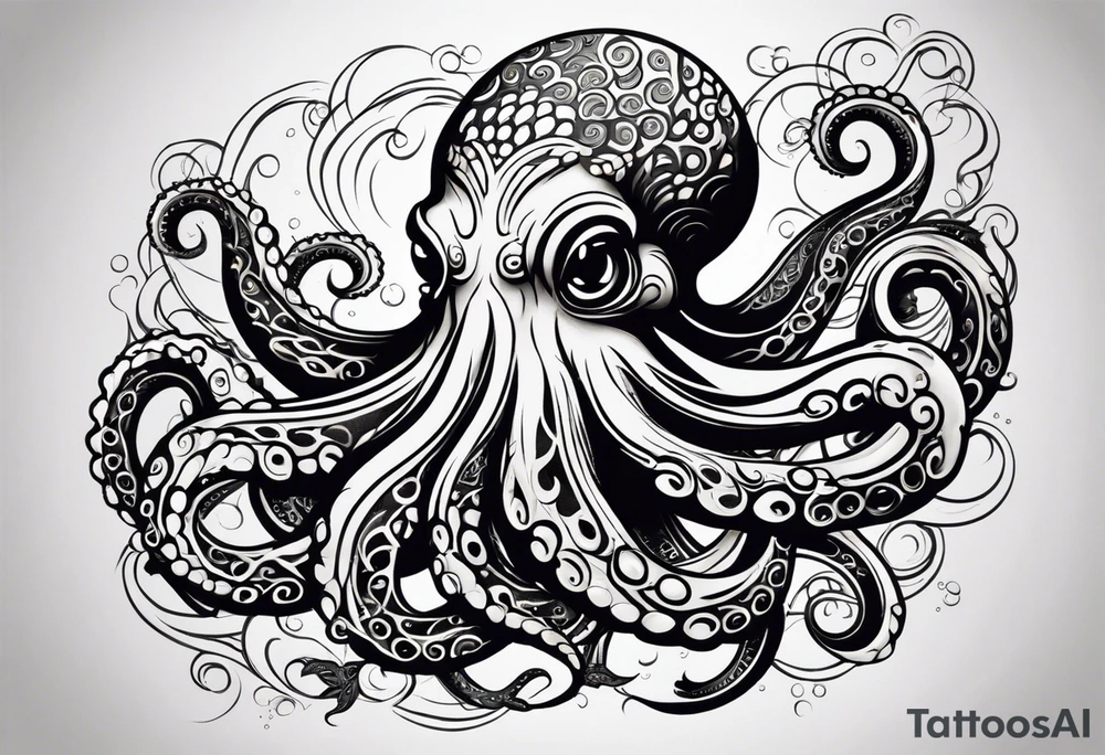 Tribal half sleeve. octopus surrounded by ribbons of water waves filled with fish. the octopus has no eyes. Use thick lines only with less detail. tattoo idea