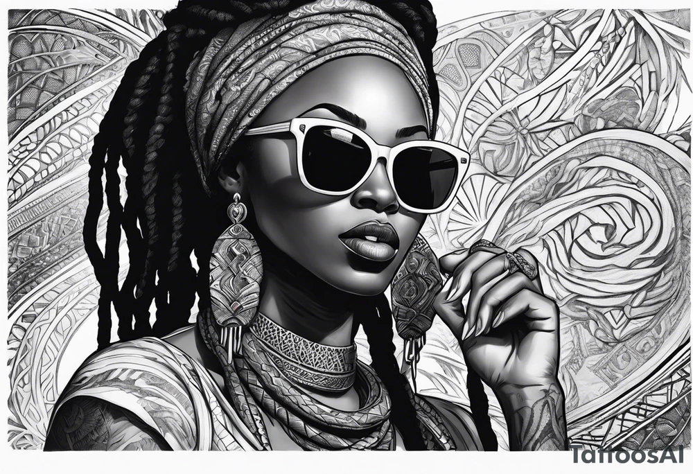 Muslim African woman  with snake dreads biting money sun glasses tattoo idea