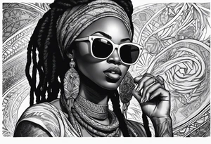 Muslim African woman  with snake dreads biting money sun glasses tattoo idea