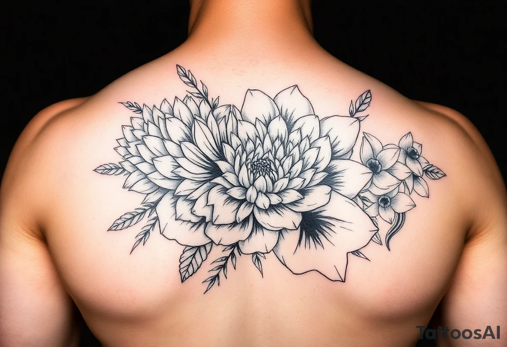Bouquet of chrysanthemum peony cherry blossom and daffodils tattoo idea