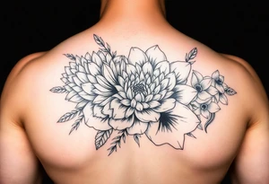 Bouquet of chrysanthemum peony cherry blossom and daffodils tattoo idea