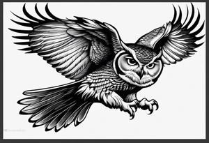 Crescent moon side profile of owl flying tattoo idea