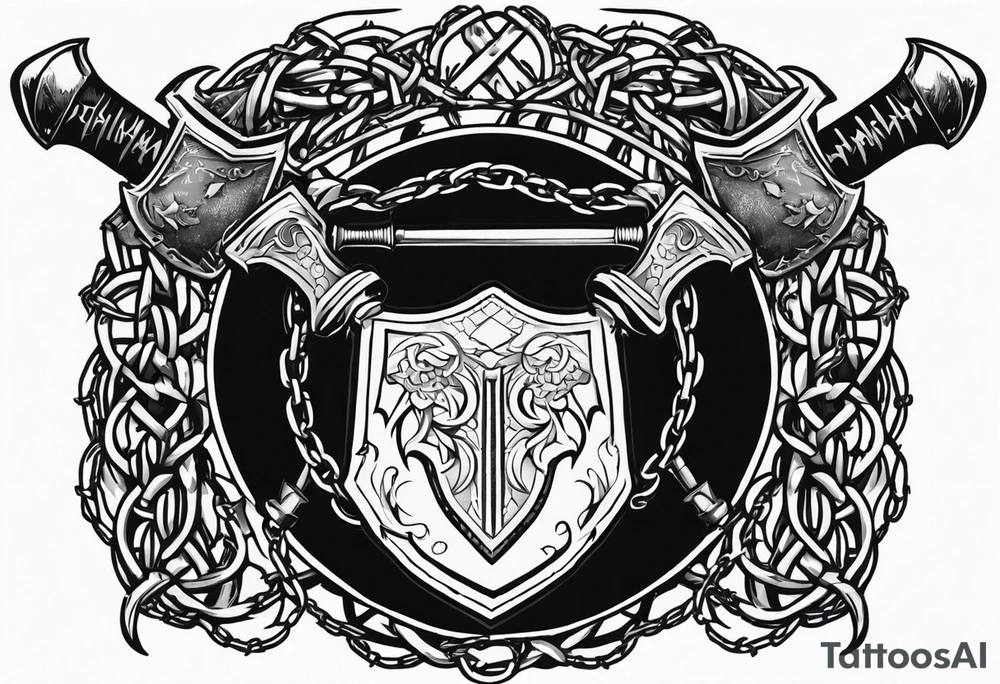 Valhalla round shield axe barbed wire chains tattoo idea