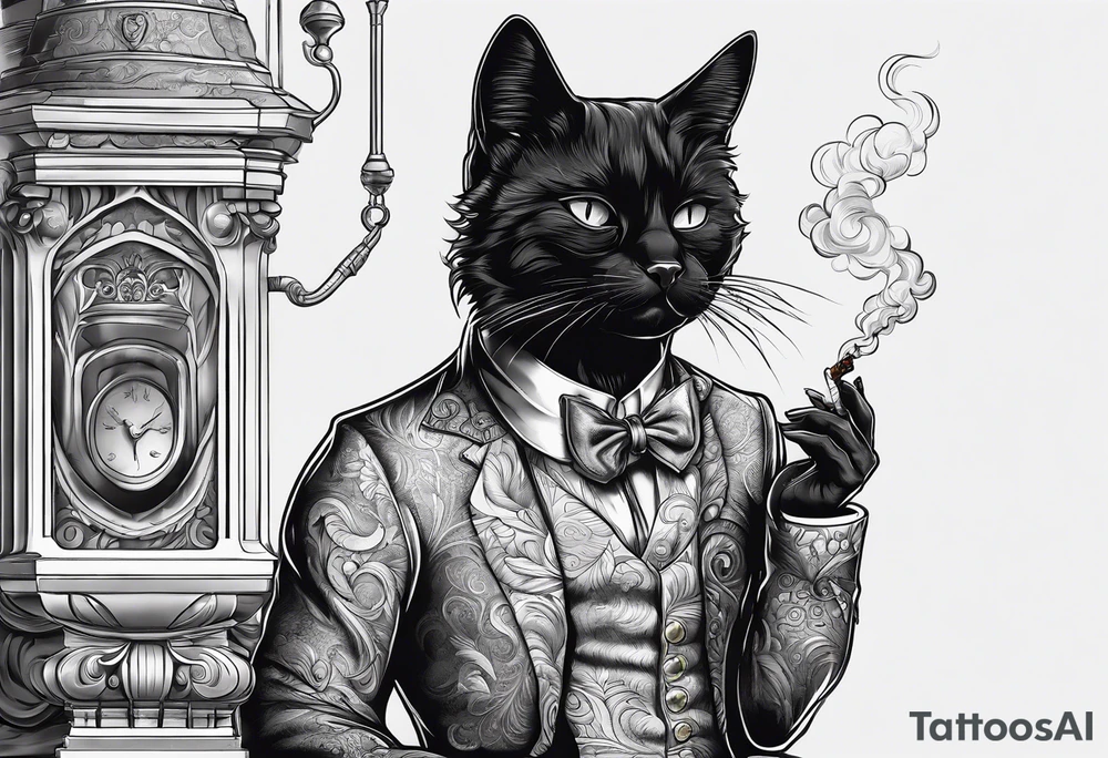 A black cat smoking a joint and realizing Reality is just a human construct and it doesnt exist. tattoo idea