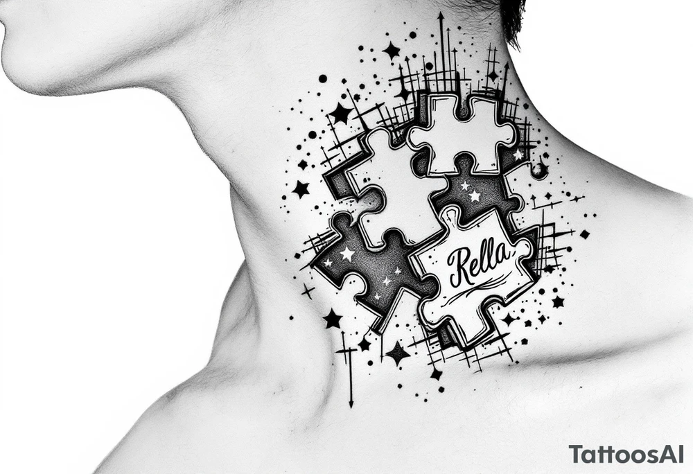 Puzzle piece tattoo on side of the neck  and have a missing piece on the side that says Rella on it. tattoo idea