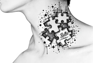 Puzzle piece tattoo on side of the neck  and have a missing piece on the side that says Rella on it. tattoo idea