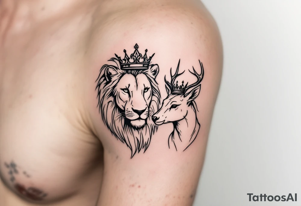 Minimal black line tattoos of matching animal pairs—lion/lioness or stag/doe—each with a crown. tattoo idea