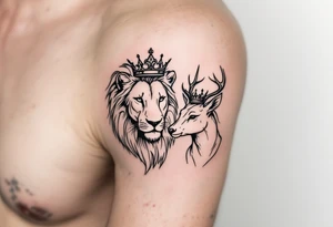 Minimal black line tattoos of matching animal pairs—lion/lioness or stag/doe—each with a crown. tattoo idea