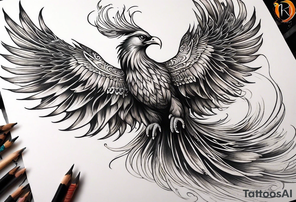 Tattoo: A powerful, majestic phoenix, depicted mid-flight or rising, with wings extended and feathers flowing. Deep shading and intricate details to bring out the texture and motion of the feathers. Style: Micro realism. tattoo idea