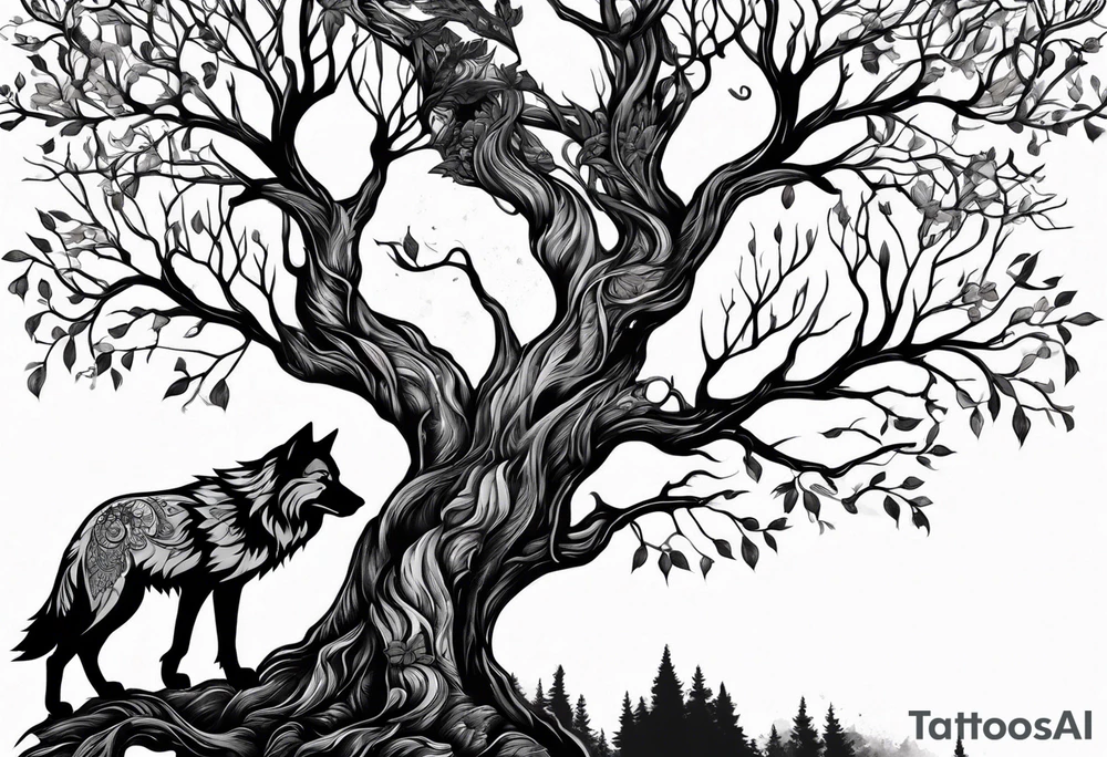wolf raven and tree of life tattoo idea