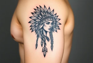 Native American girl with headdress the sun and arrowhead tattoo idea