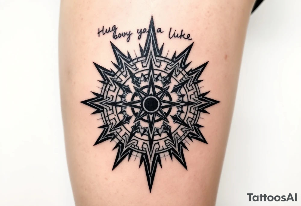 Sundial casting shadow with handwriting “Hug somebody ya like” above. tattoo idea
